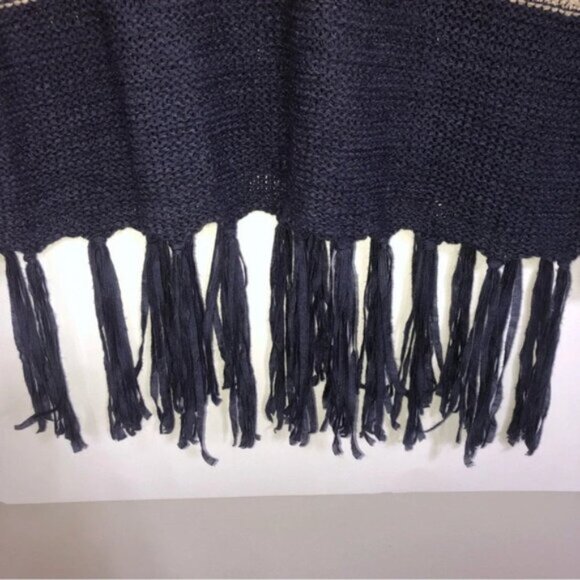 Onetheland Tunic Sweater L Wine Tan Blue Blocks Stripe  Fringe Bottom Knit - Picture 8 of 11